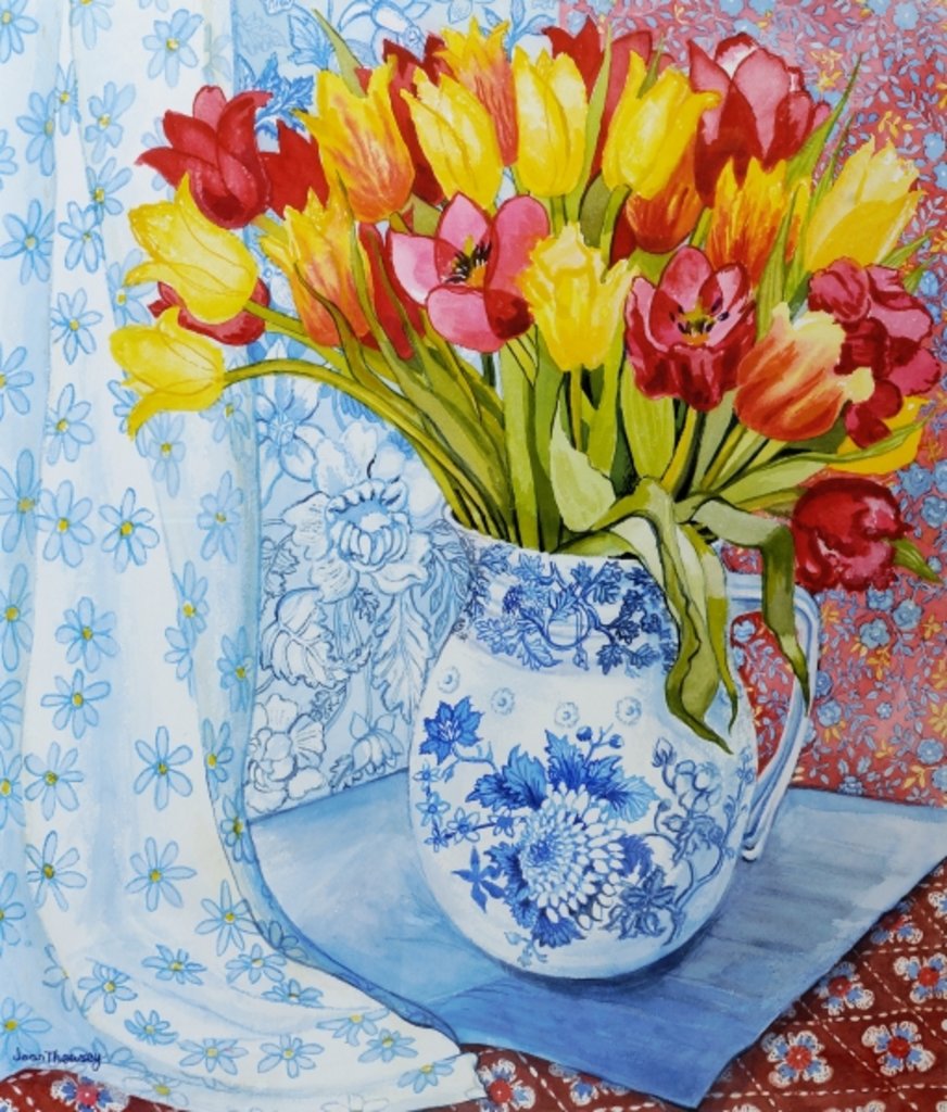 Detail of Red and yellow tulips in a Copeland jug by Joan Thewsey