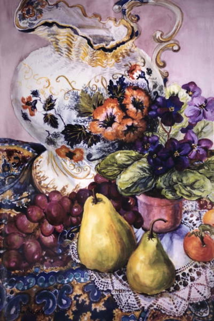 Detail of African Violets with Victorian Jug and Pears by Joan Thewsey