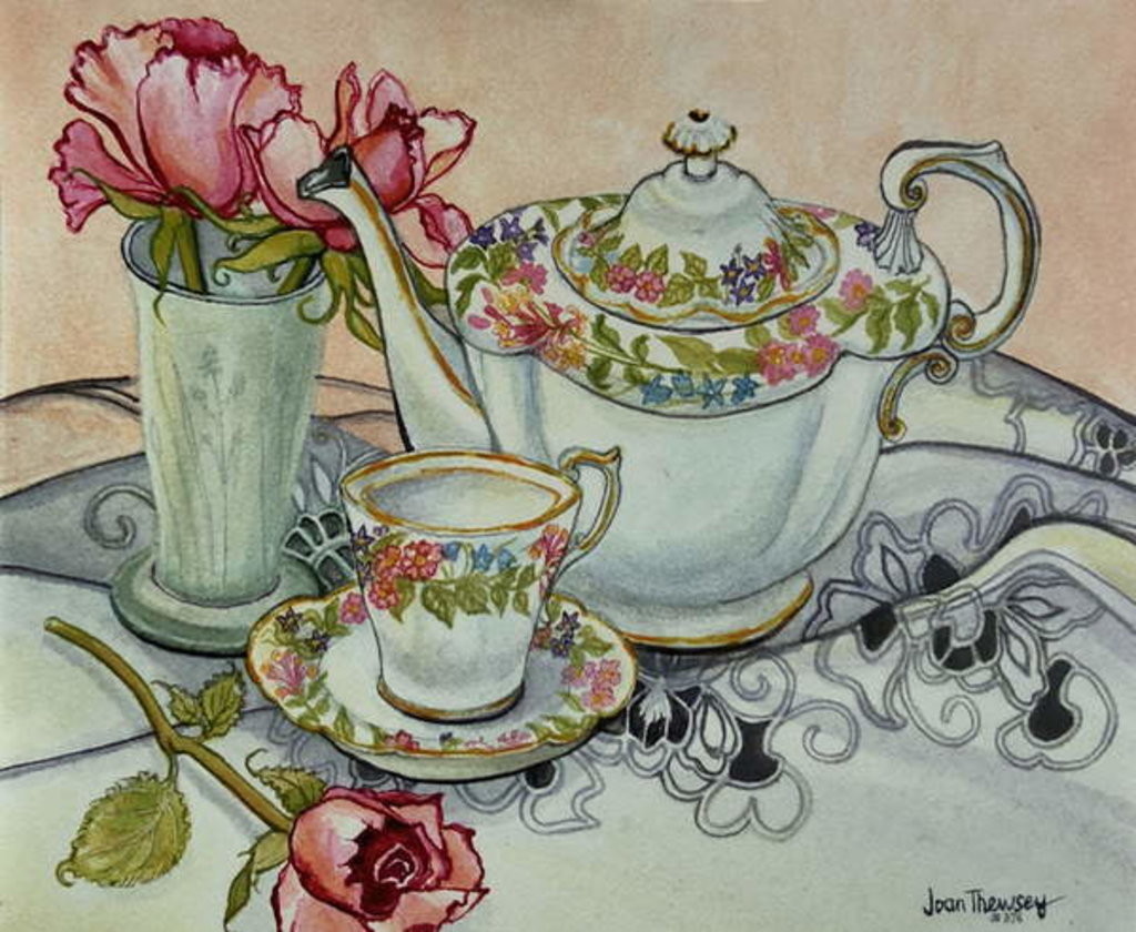 Detail of Teatime with Roses and a cutwork cloth by Joan Thewsey