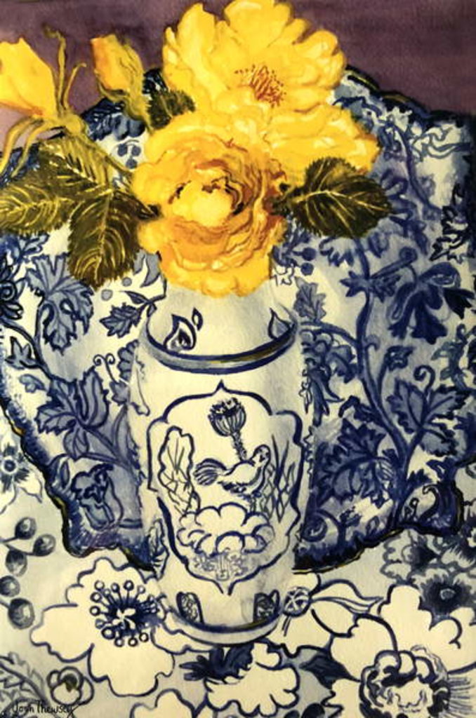 Detail of Yellow Roses in a Blue and White Vase with Patterned Blue and White Textiles by Joan Thewsey
