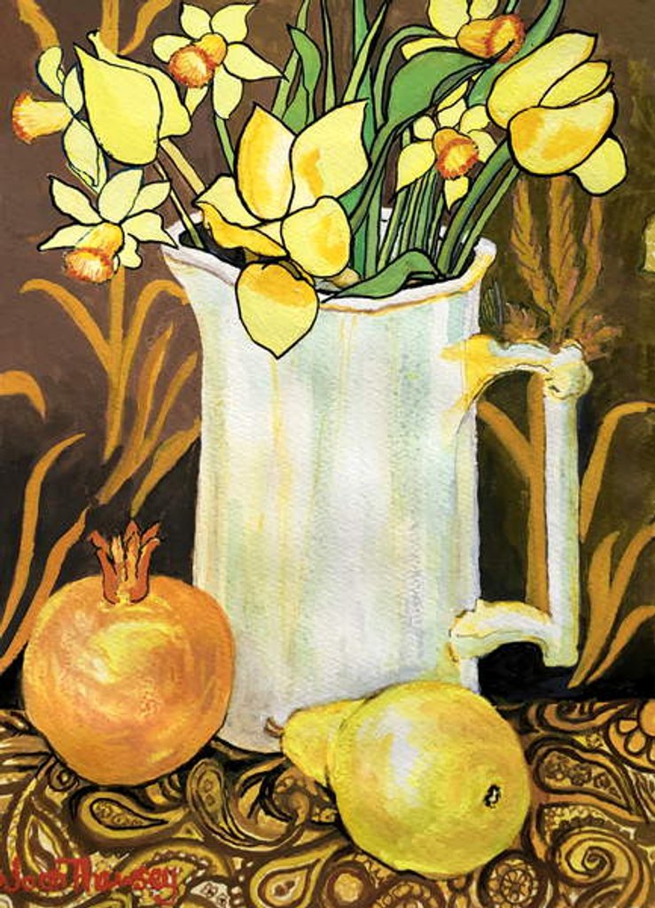 Detail of Tulips and Daffodils in a White Jug, with textiles, pomegranate and pear by Joan Thewsey
