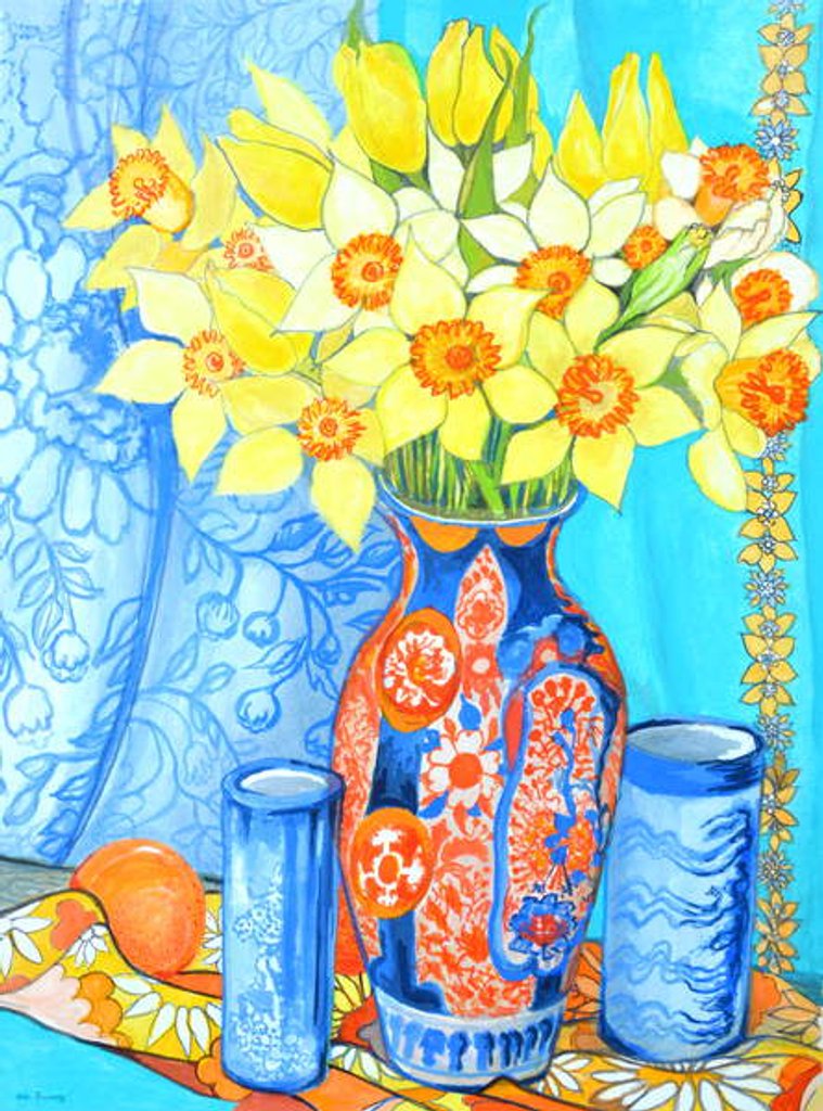 Detail of Daffodils and Tulips in an Imani Vase; oranges and textiles by Joan Thewsey