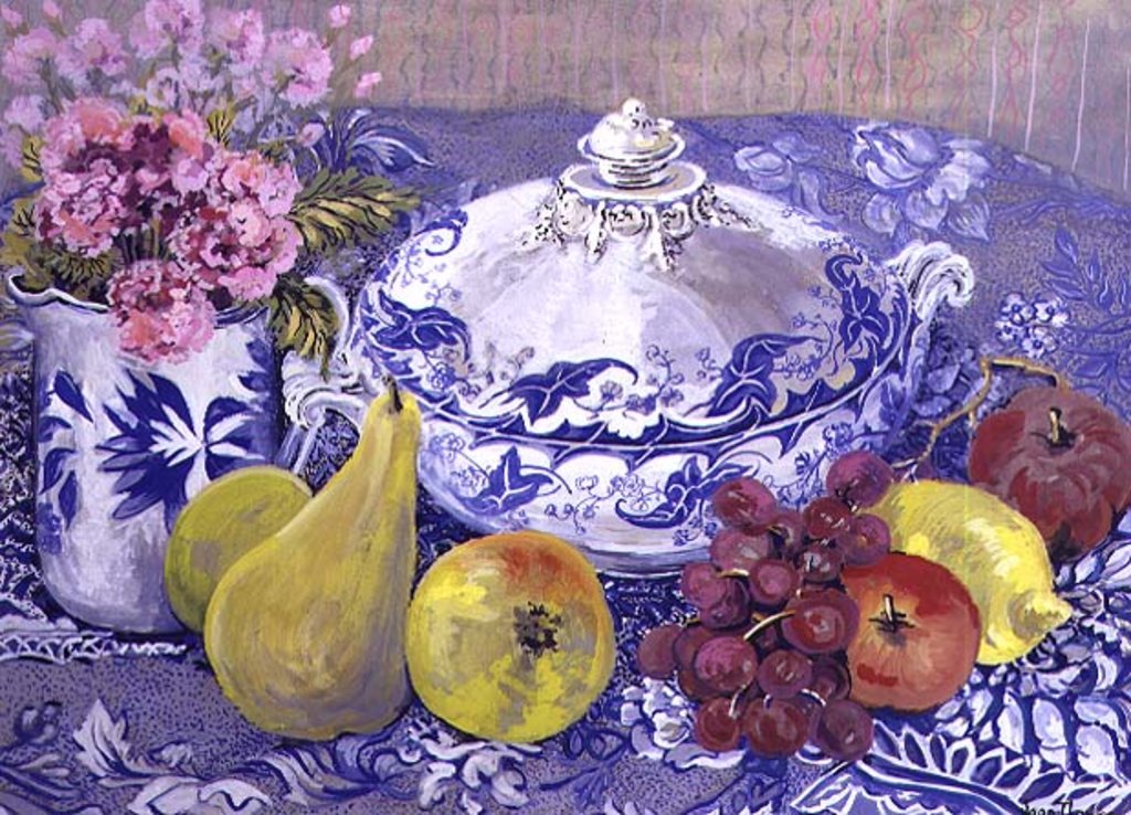 Detail of The Blue and White Tureen with Fruit by Joan Thewsey