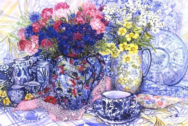 Detail of Cornflowers with Antique Jugs and Patterned Fabrics, 2012 by Joan Thewsey