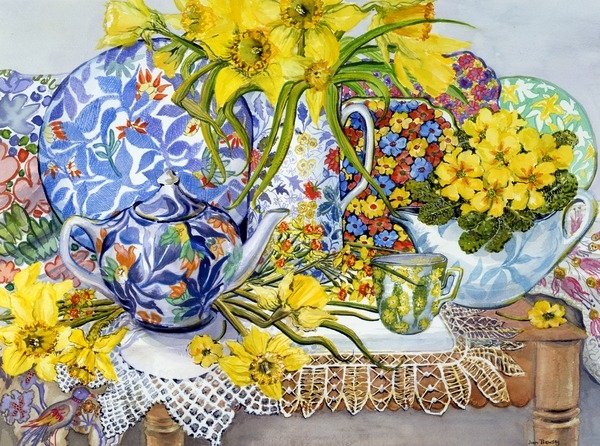 Detail of Daffodils, Antique Jugs, Plates, Textiles and Lace, 2012 by Joan Thewsey