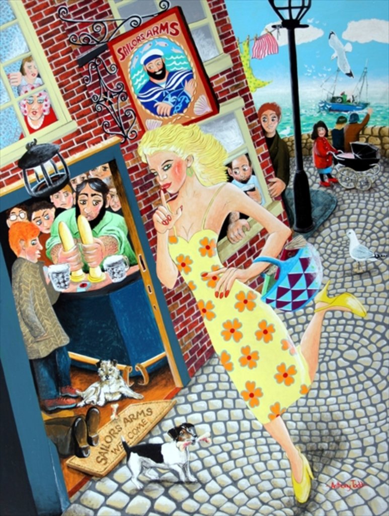 Detail of Gossamer Beynon the schoolteacher passing the Sailor's Arms and her many admirers, 2005 by Tony Todd