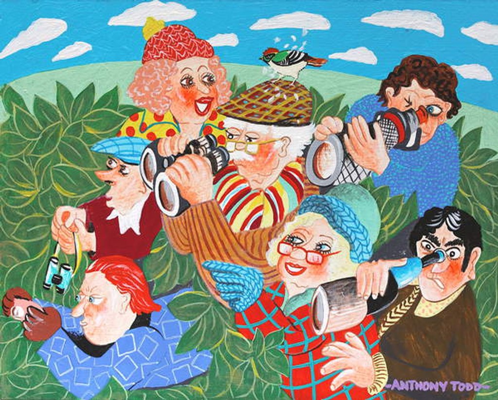 Detail of The local twitchers search for the elusive 'Blazing Firecrest' by Tony Todd