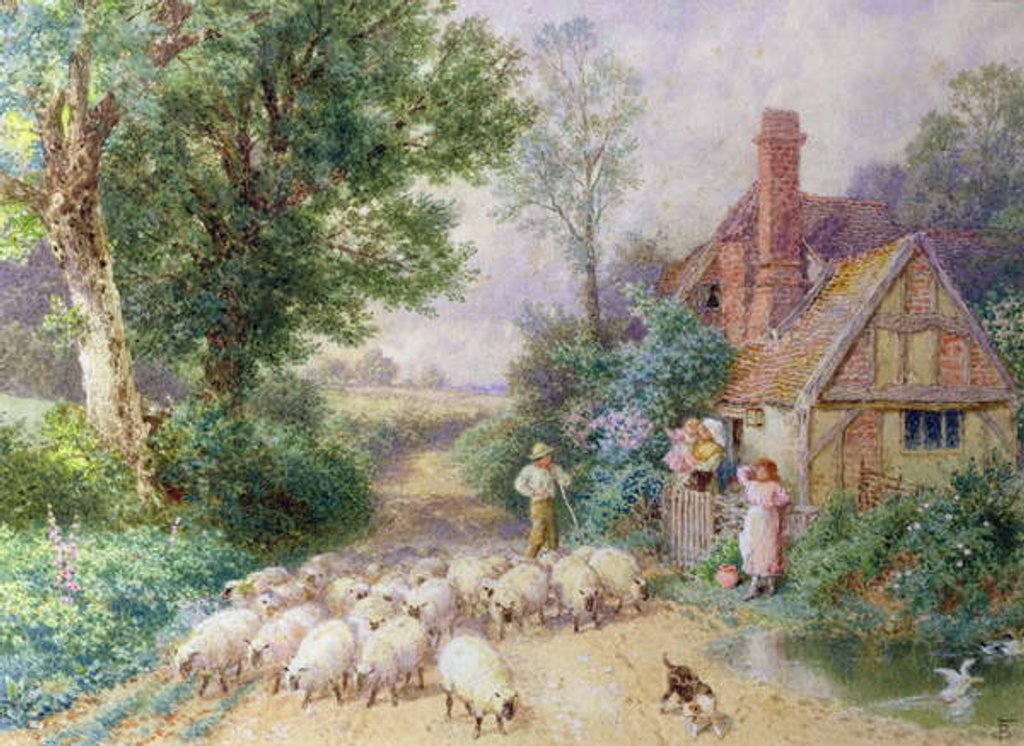 Detail of Shepherd and his flock passing a country cottage by Myles Birket Foster
