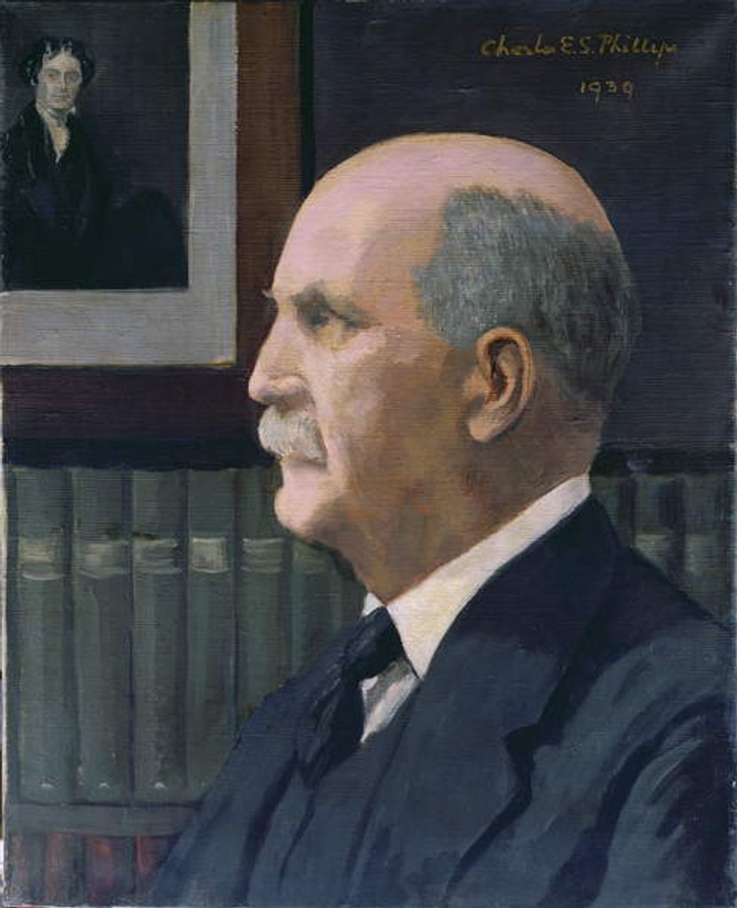 Detail of William Henry Bragg with a picture of Michael Faraday in the background, 1939 by Charles E. S. Phillips