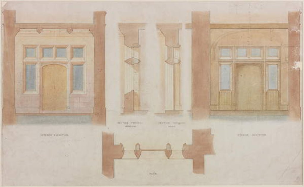 Detail of Elevation, Section and Plan of the Main Entrance of Holme Eden by John Dobson