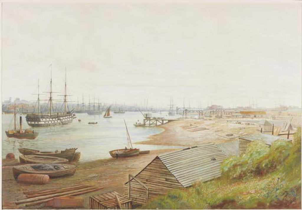 Detail of A busy river scene with numerous vessels by Bernard Benedict Hemy