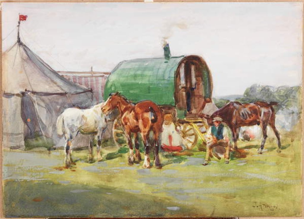 Detail of Three Horses and a Green-Roofed Caravan by John Atkinson