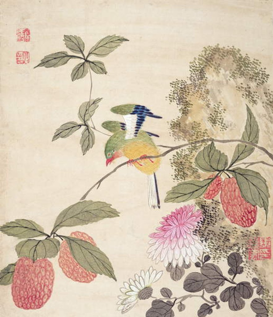 Detail of One of a series of paintings of birds and fruit, late 19th century by Guochen Wang