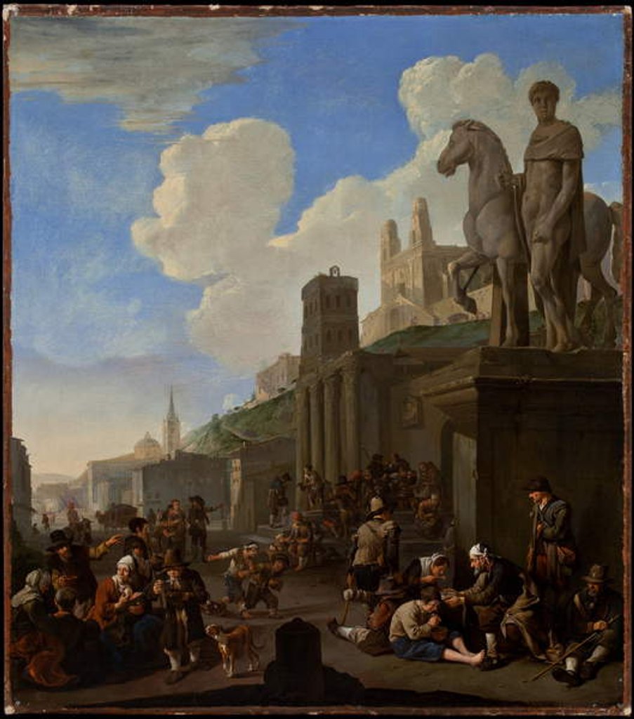 Detail of A Street Scene with a Capriccio of Roman Buildings by Johannes Lingelbach