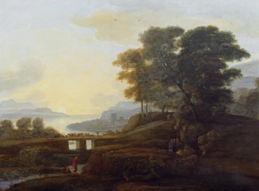 Detail of Landscape with cattle and goats crossing a bridge by Claude Lorrain
