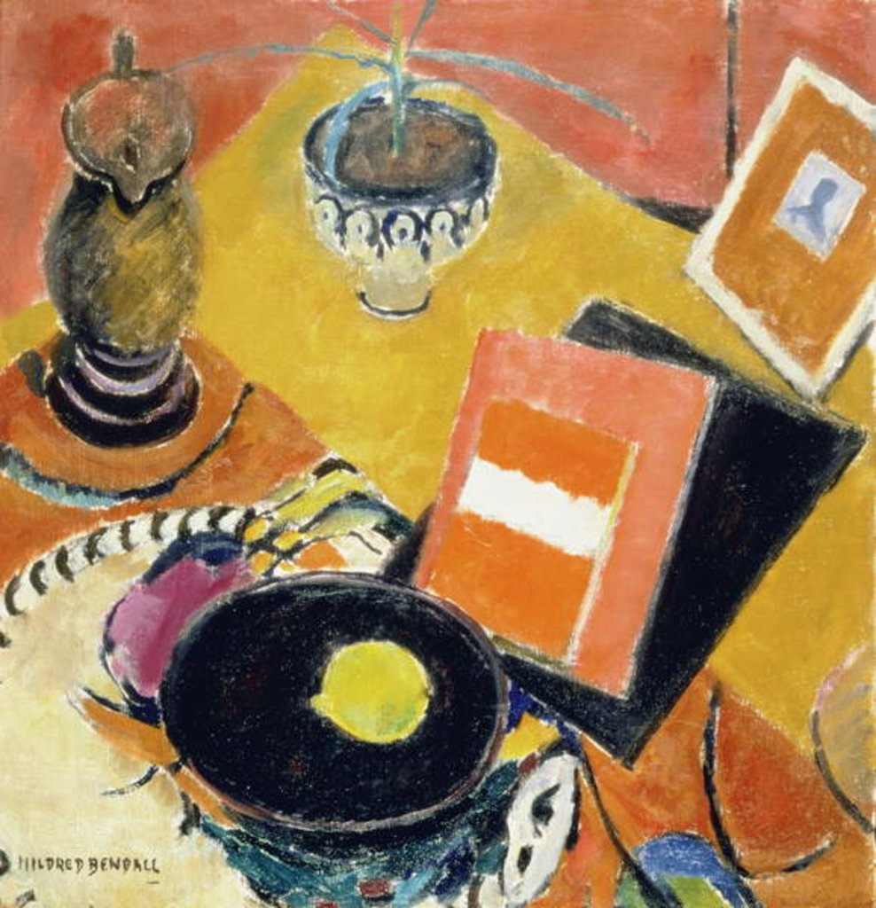 Detail of Lemon, Jugs and Books by Mildred Bendall