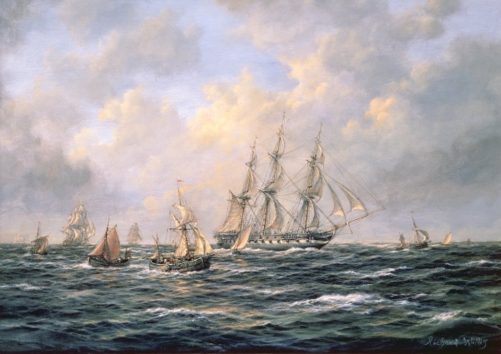 Detail of Convoy of East Indiamen amid Fishing Boats by Richard Willis