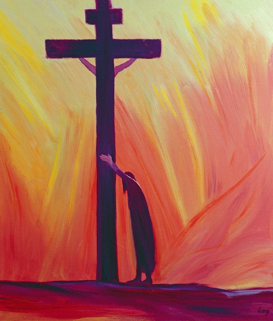 Detail of If our sufferings make it hard to pray we can simply lean on the Cross, close to Christ, resting in Him, and patiently endure our difficulties, 2000 by Elizabeth Wang