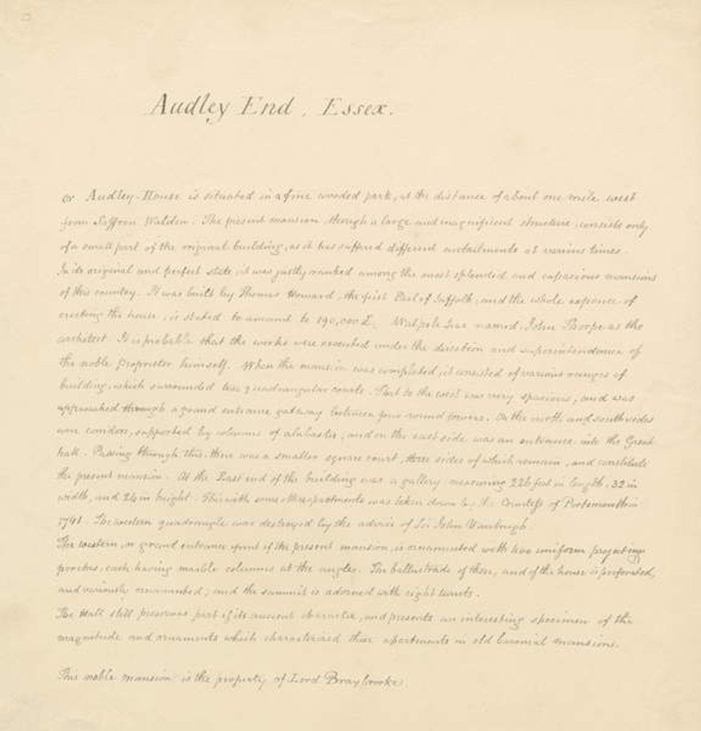 Detail of Essex - Audley End - Historical Description by John Buckler