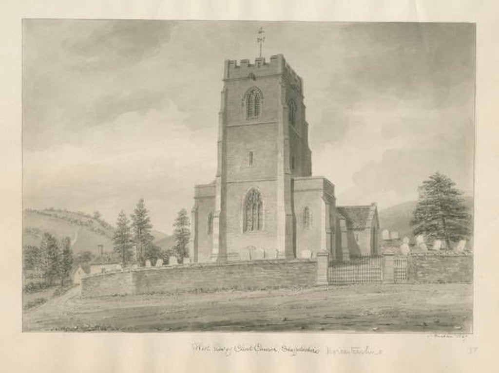 Detail of Worcestershire - Clent Church: sepia drawing, 1847 by John Buckler