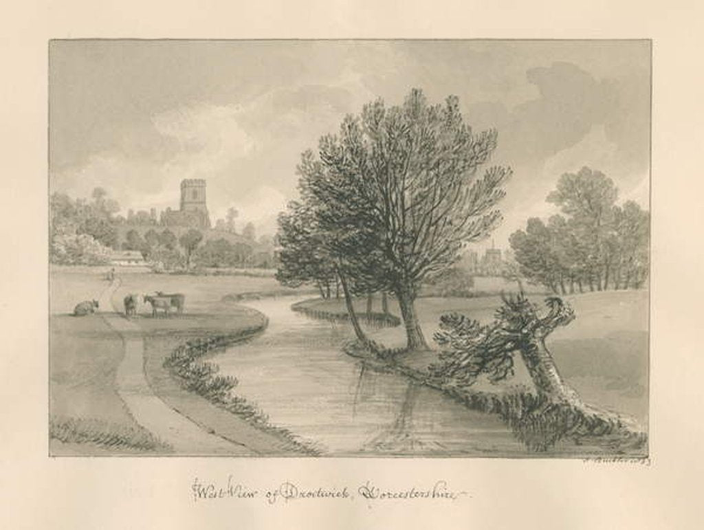 Detail of Worcestershire - Droitwich - West View of Town: sepia drawing, 1833 by John Buckler