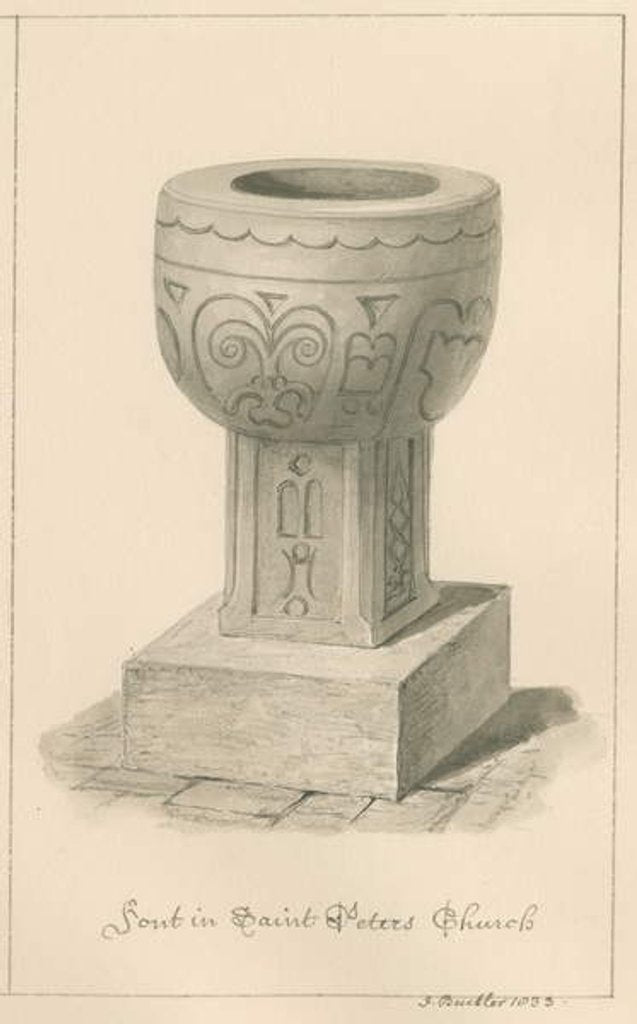 Detail of Worcestershire - Droitwich - Saint Peter's Church Font: sepia drawing, 1833 by John Buckler
