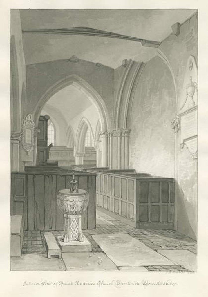 Detail of Worcestershire - Droitwich - Saint Andrew's Church Interior : sepia drawing, 1833 by John Chessell Buckler