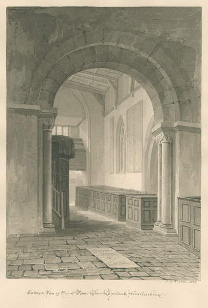Detail of Worcestershire - Droitwich - Saint Peter's Church Interior : sepia drawing, 1833 by John Chessell Buckler
