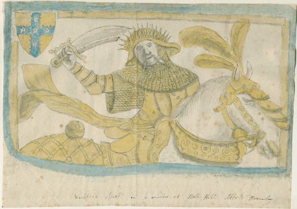 Detail of Abbots Bromley - Window Glass at Hall Hill: coloured pencil sketch, nd [?18th cent] by Stebbing Shaw