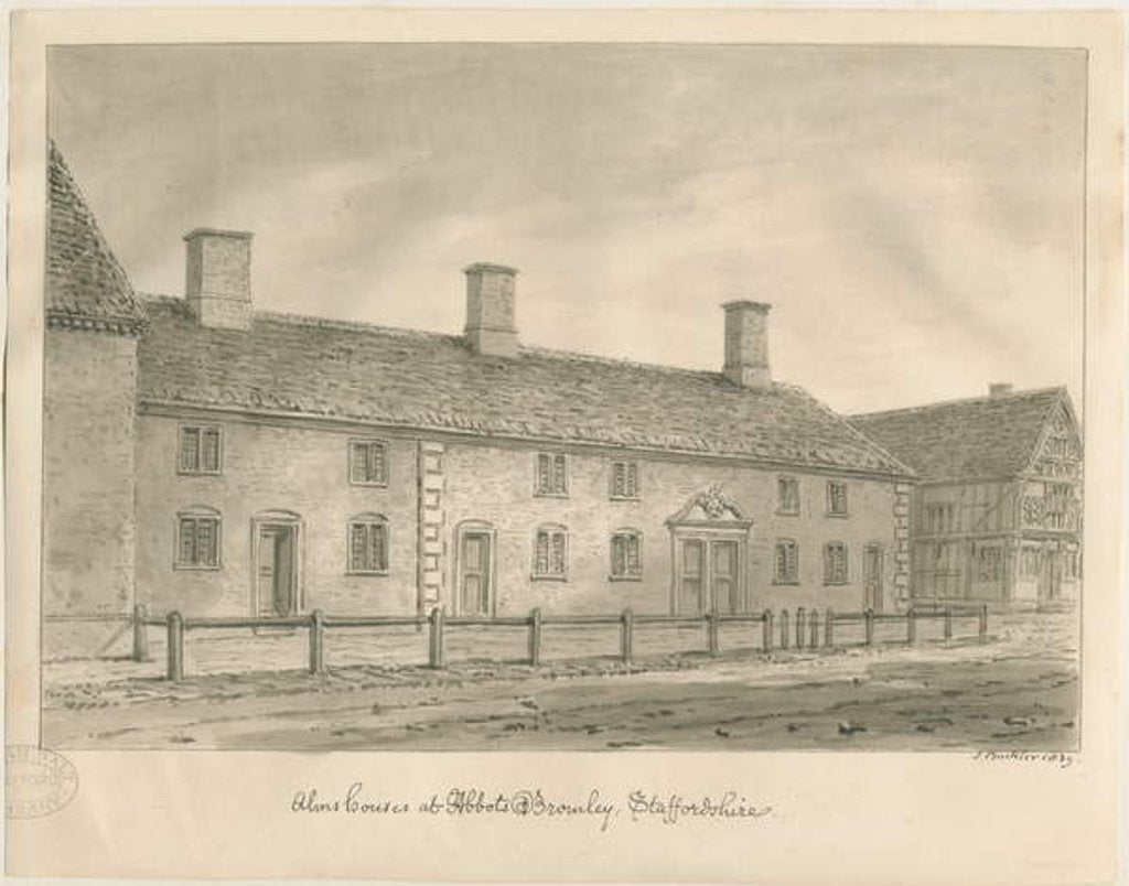 Detail of Abbots Bromley Almshouses: sepia drawing, 1839 by John Buckler