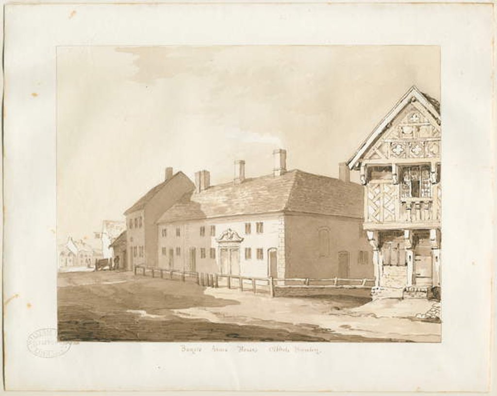 Detail of Abbots Bromley Almshouses: sepia wash drawing, 1836 by Thomas Peploe Wood