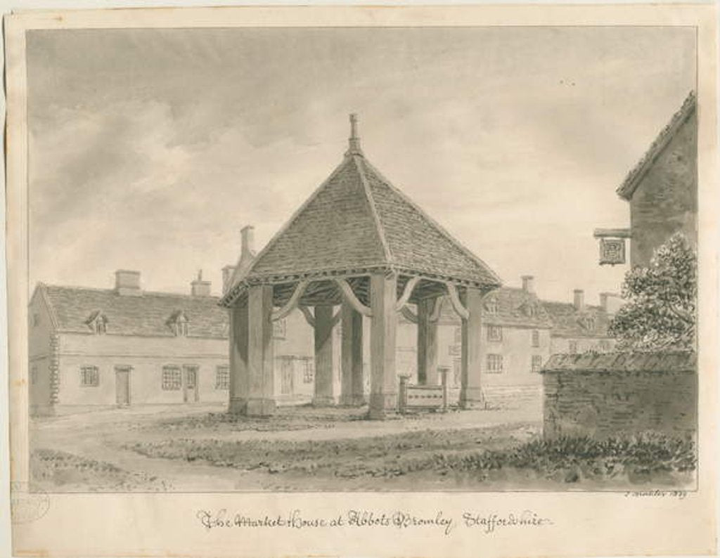 Detail of Abbots Bromley - Market House and Stocks: sepia drawing, 1839 by John Buckler