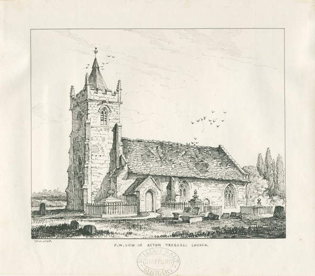 Detail of Acton Trussell Church: pen and ink drawing, 1838 by Thomas Peploe Wood