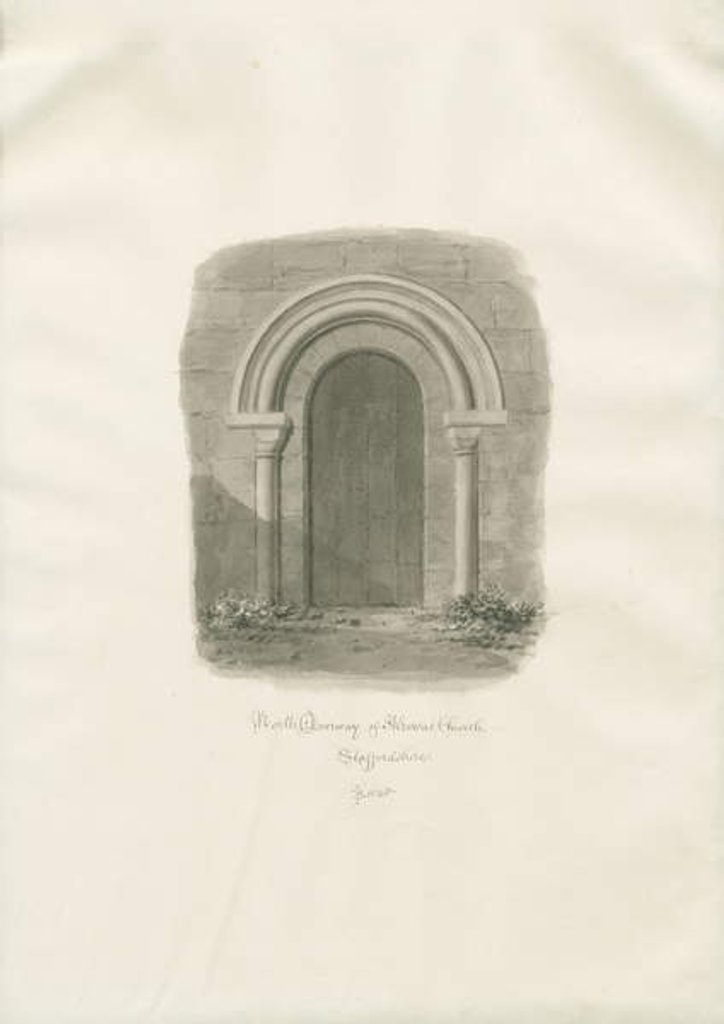 Detail of Alrewas Church - North Doorway: sepia drawing, 1848 by John Buckler