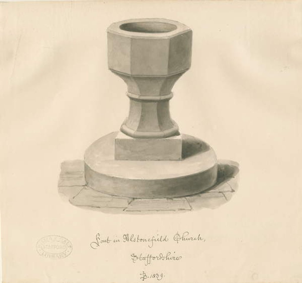 Detail of Font in Alstonfield Church: sepia drawing, 1839 by John Buckler