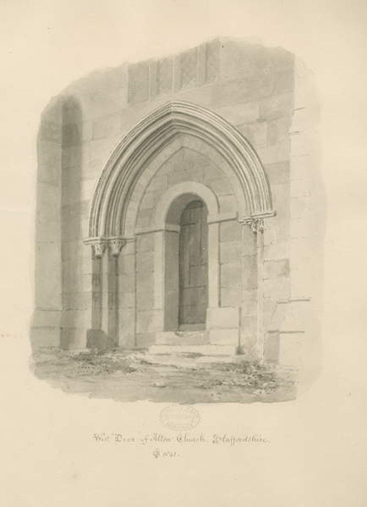 Detail of Alton Church - West Door: sepia drawing, 1841 by John Chessell Buckler