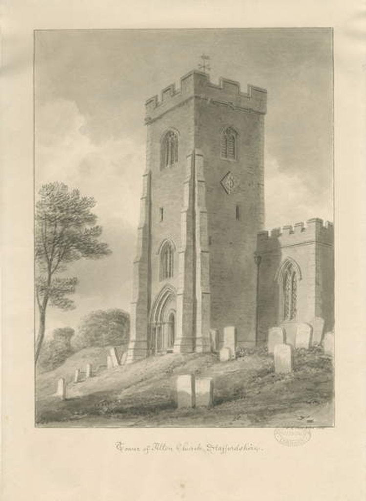 Detail of Alton Church - Tower: sepia drawing, 1841 by John Chessell Buckler