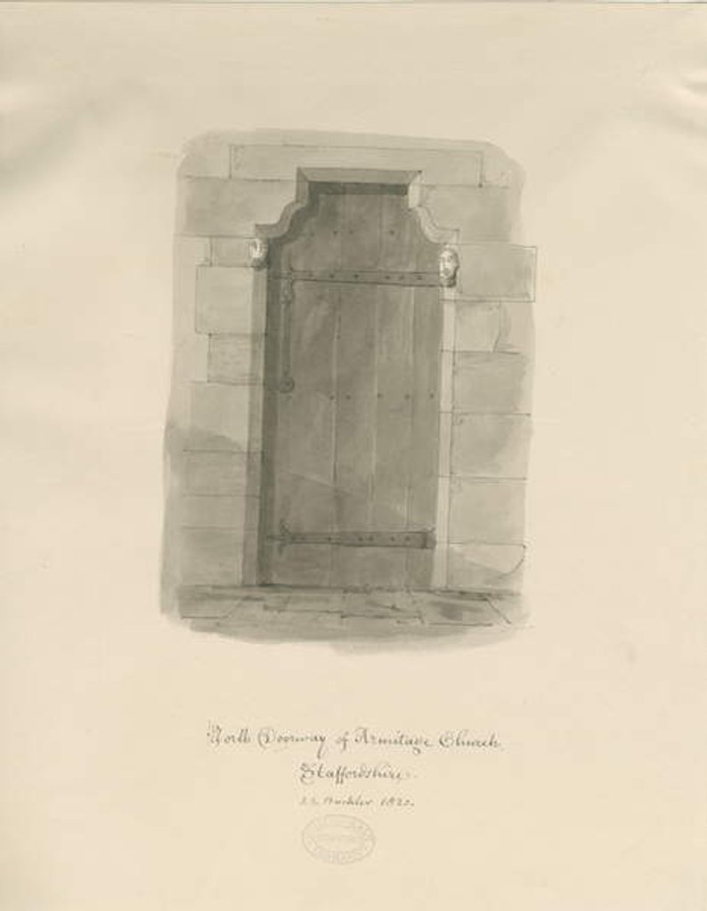 Detail of Armitage Church - North Doorway: sepia drawing, 1820 by John Chessell Buckler