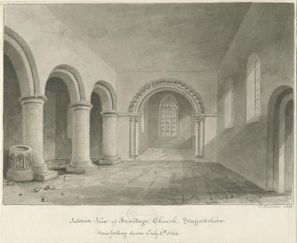 Detail of Interior of Armitage Church: sepia drawing, 6 Jul 1844 by John Buckler