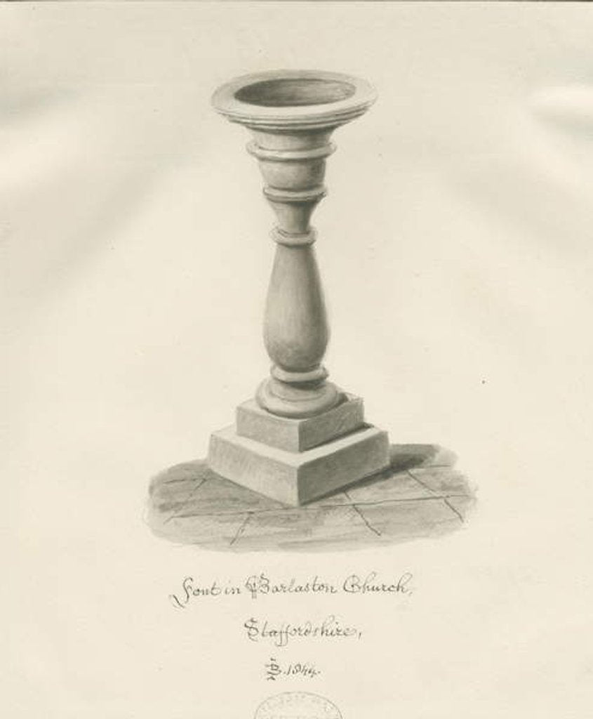 Detail of Font in Barlaston Church: sepia wash drawing, 1844 by John Buckler