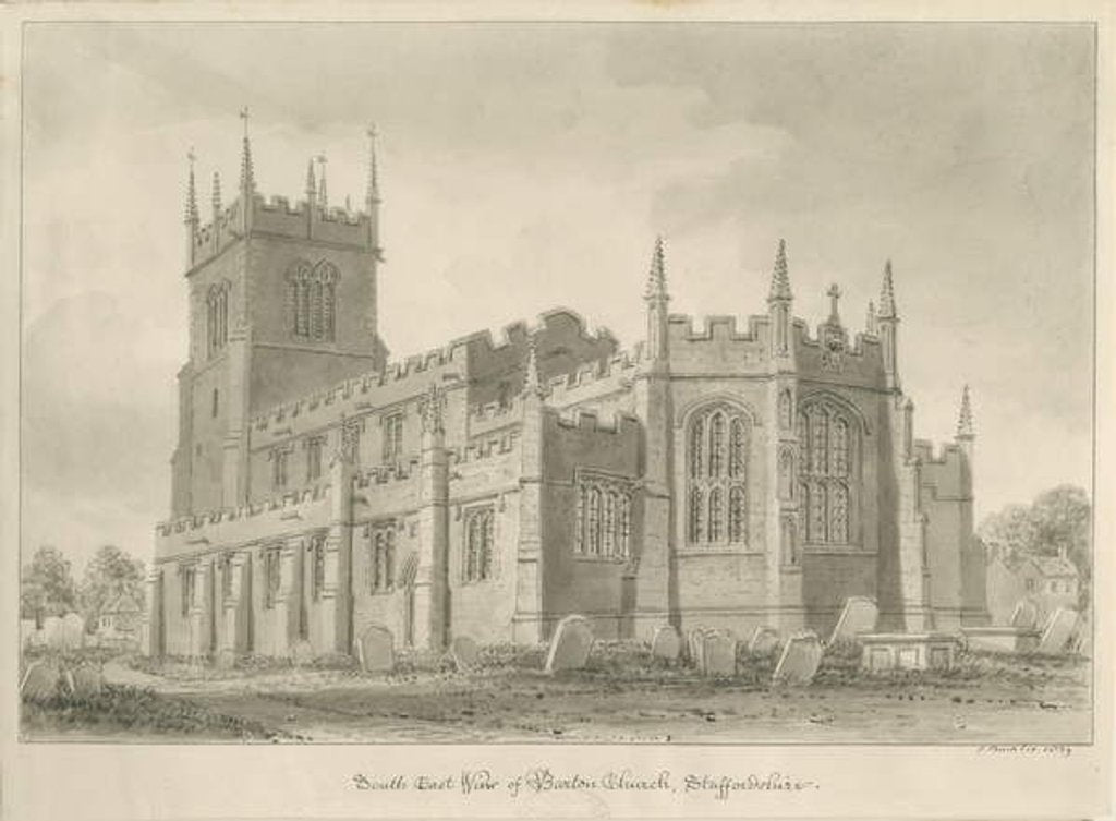 Detail of Barton under Needwood Church: sepia drawing, 1839 by John Buckler