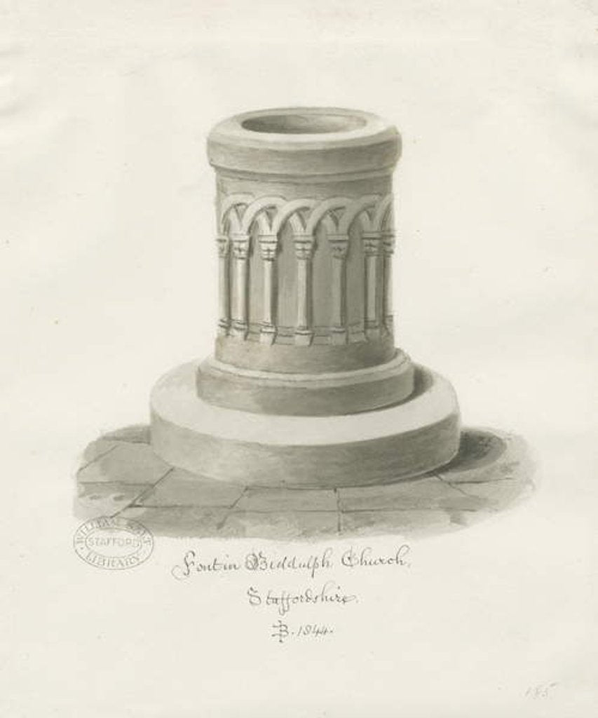 Detail of Font at Biddulph Church: sepia drawing, 1844 by John Buckler