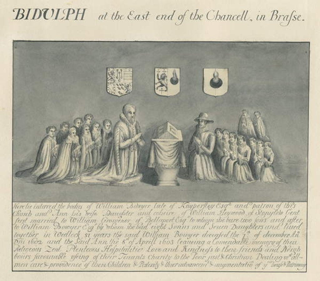 Detail of Brass plate in Biddulph Church - William Bowyer of Knipersley : pen and wash drawing, nd [?19th cent] by John Robert Fernyhough