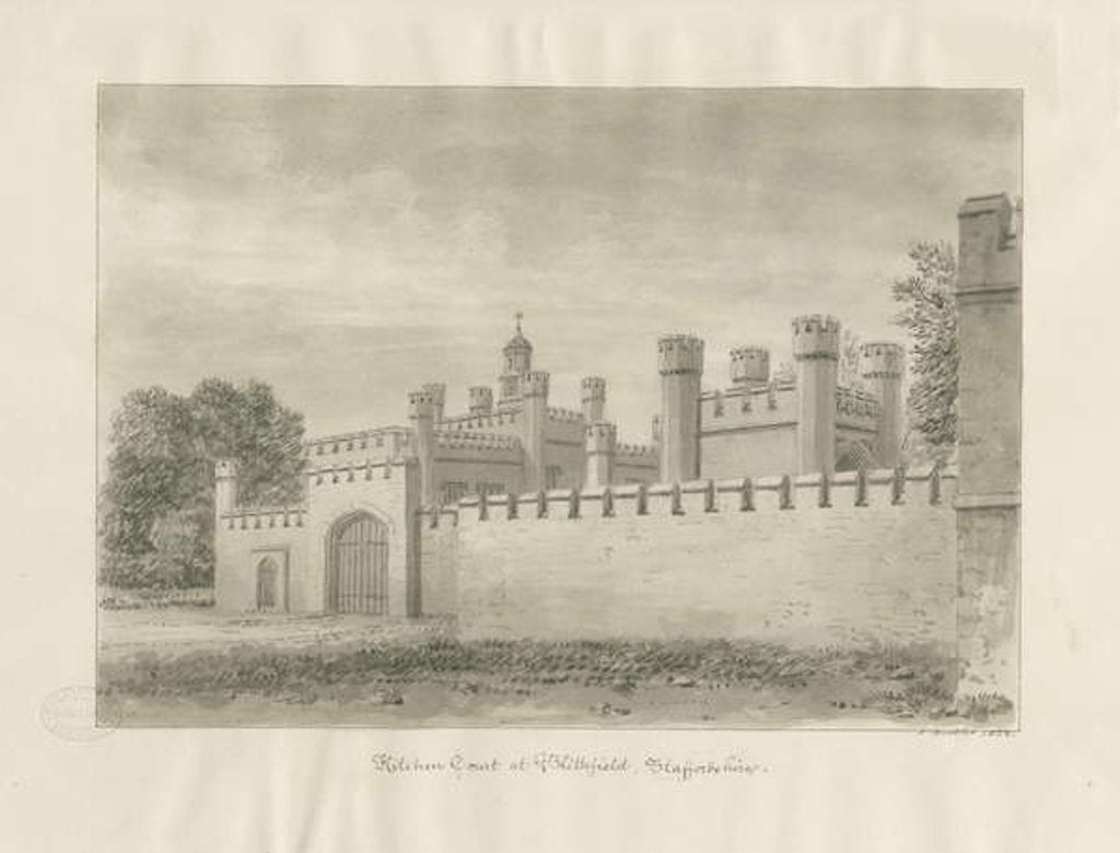 Detail of Blithfield Hall - Kitchen Court: sepia drawing, 1823 by John Buckler