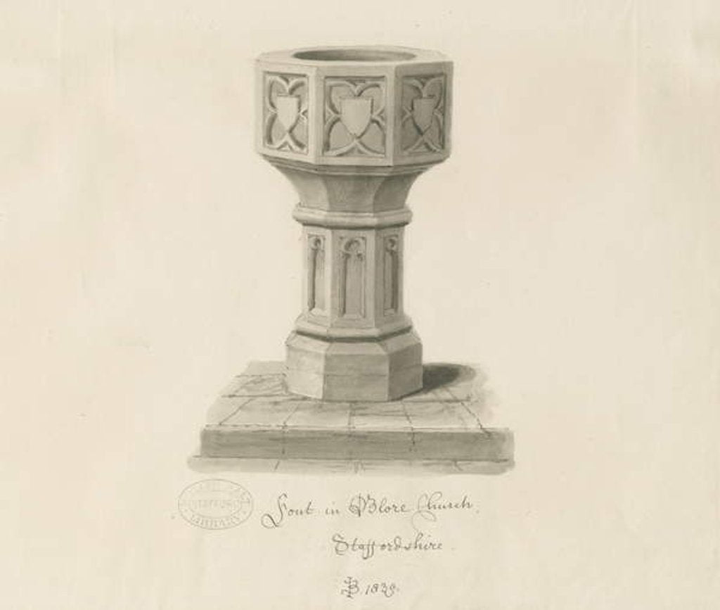 Detail of Font in Blore Church by John Buckler