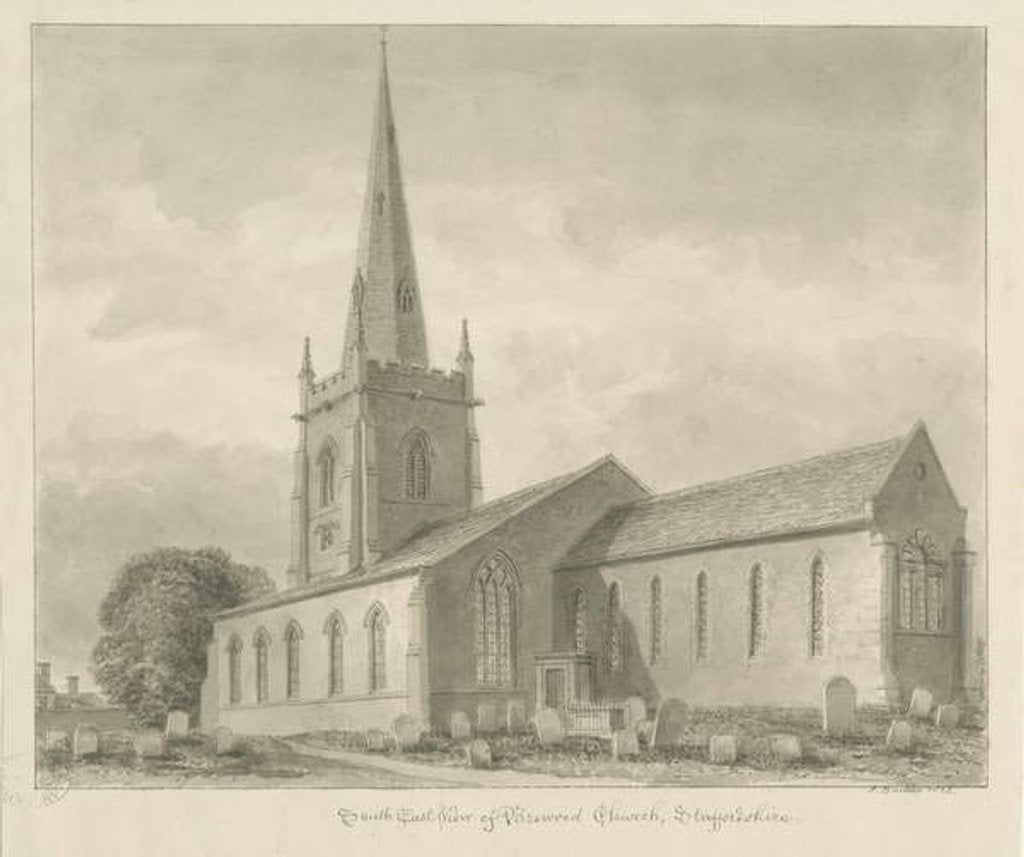 Detail of Brewood Church: sepia drawing, 1842 by John Buckler