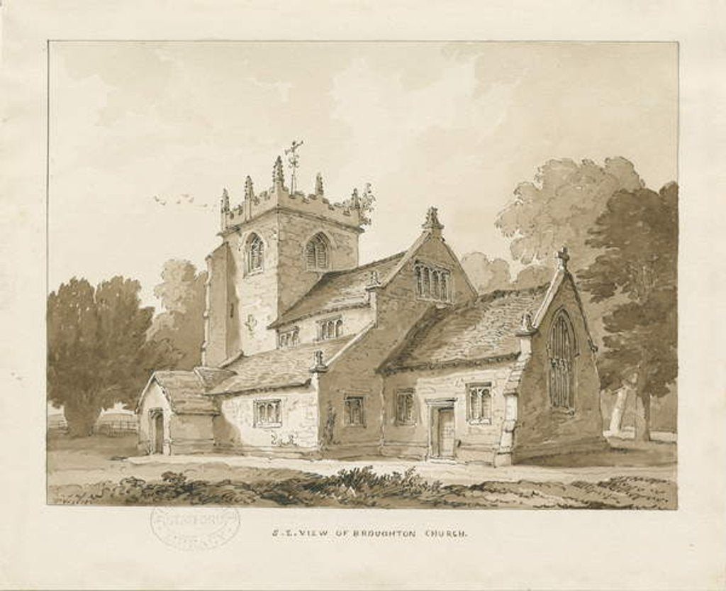 Detail of Broughton Church : sepia drawing, 1838 by Thomas Peploe Wood