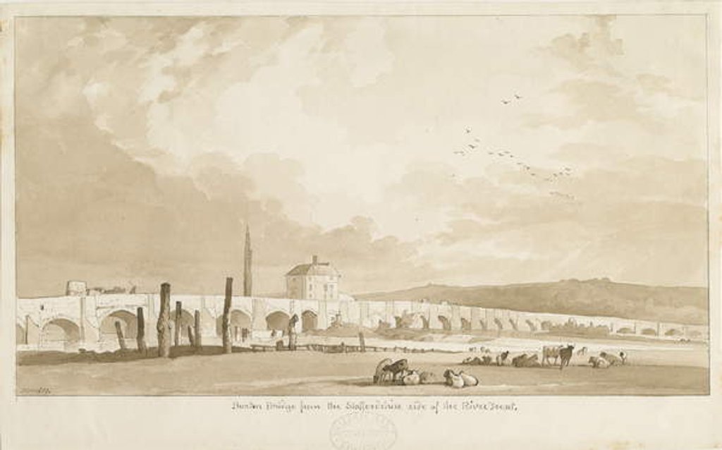 Detail of Burton-upon-Trent Bridge and Town: sepia drawing, 1837 by Thomas Peploe Wood