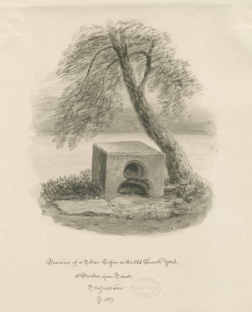 Detail of Burton-upon-Trent - Stone coffin in Old Churchyard: sepia drawing, 1839 by John Buckler