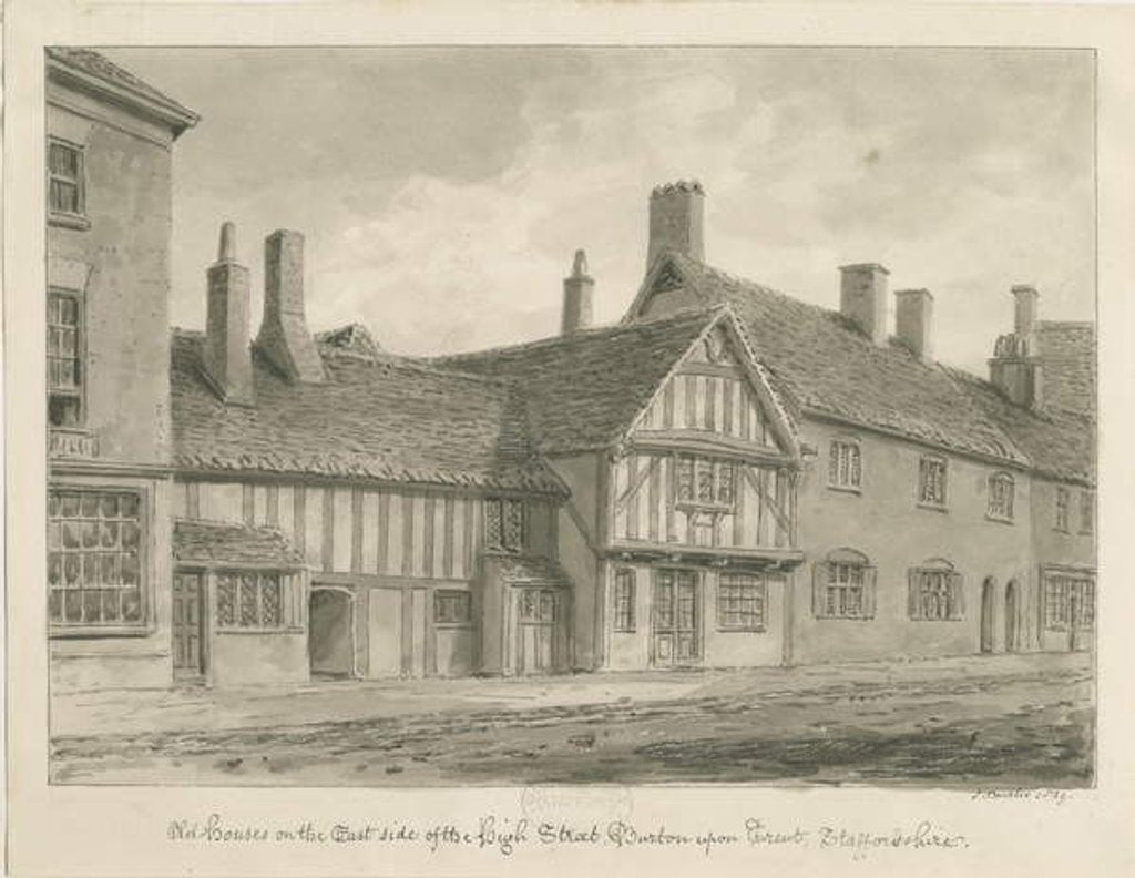 Detail of Burton-upon-Trent - Old Houses on High Street: sepia drawing, 1839 by John Buckler